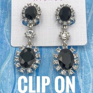 Black Clear Rhinestone Fancy Formal Clip On Dangle Earrings